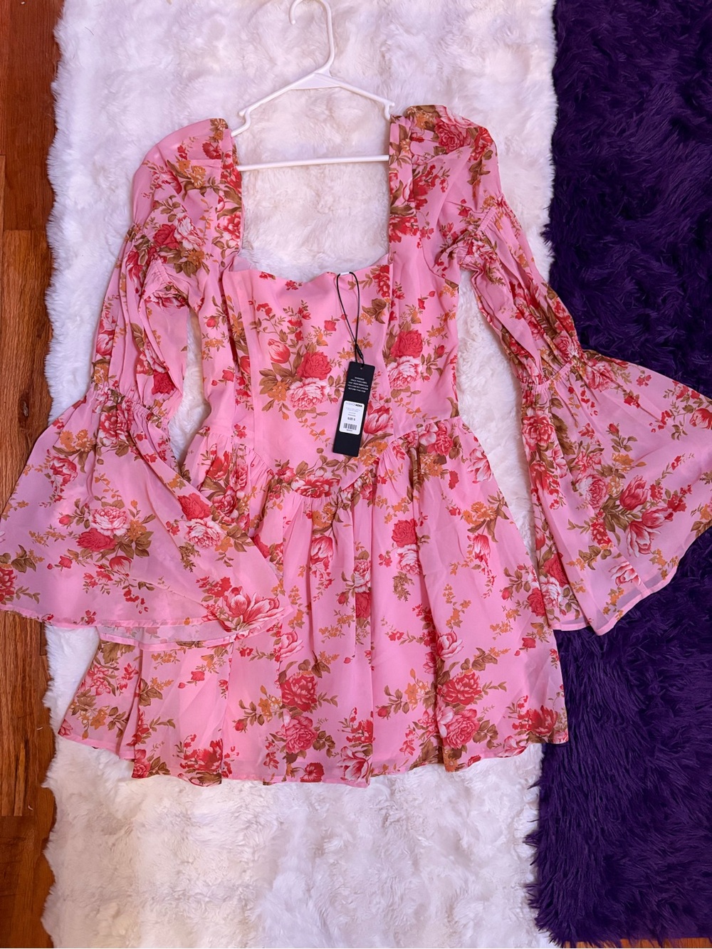Fashion Nova Pink Floral Puff-Sleeve Mini Dress